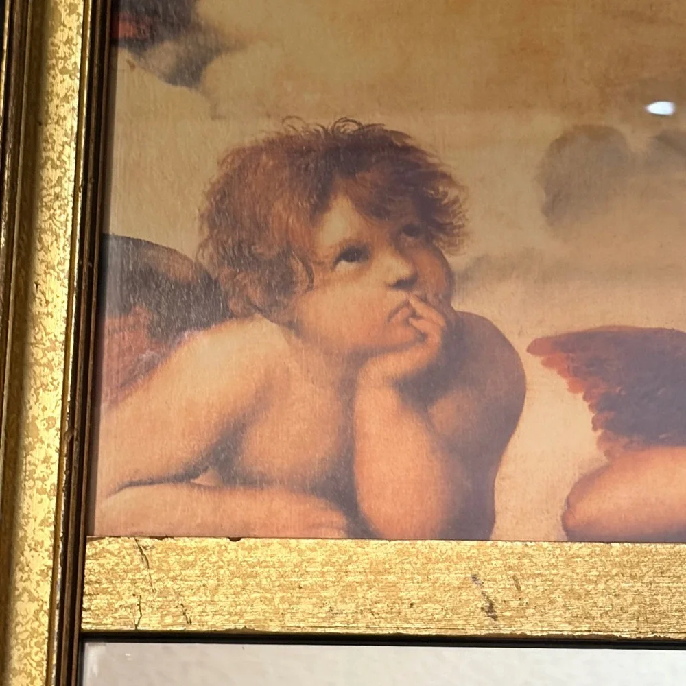 Vtg 1990s Raphael Cherubs Mirror Gold Framed Sistine Madonna Angel Wall Accent